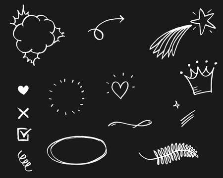 Hand drawn set elements, Arrow, heart, love, star, leaf, sun, light, crown, king, queen, swirl, Swishes, swoops, emphasis, Check mark, for concept design.のイラスト素材
