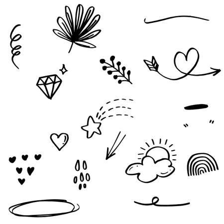 Hand drawn set elements, black on white background. Arrow, heart, love, star, leaf, diamond , for concept design.のイラスト素材