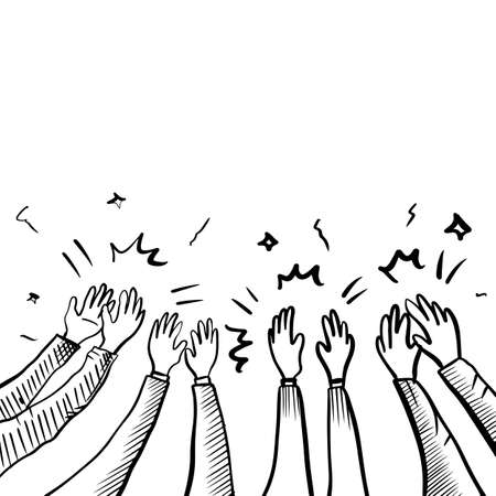 Hand Drawn sketch style of applause, thumbs up gesture. Human hands clapping ovation. on doodle style, vector illustration.のイラスト素材