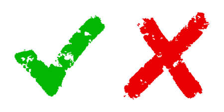 Right and wrong icon. hand drawn of Green checkmark and Red cross isolated on white background.Vector illustration.のイラスト素材
