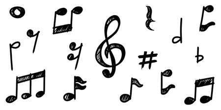 Set of hand drawn music note doodle isolated on white background. Vector illustration.のイラスト素材