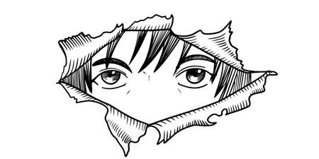 Manga eyes looking from a paper tear isolated on white background. Vector illustration.のイラスト素材