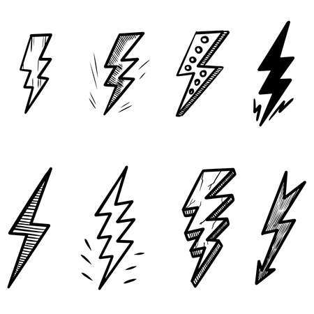 set of hand drawn vector doodle electric lightning bolt symbol sketch illustrations. vector illustration.のイラスト素材