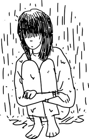 hand drawn confusion concept. people with anxiety are surrounded by thoughts Mental disorders and chaos in consciousness, find answers. vector illustration.のイラスト素材