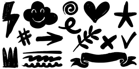collection of hand drawn doodle icons in bold black brush strokes on a white background. set includes various symbols such as a smiling cloud, heart, lightning bolt, arrow, star, ribbon, and abstract.のイラスト素材