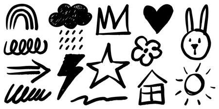 Collection of hand drawn doodle icons in black ink featuring simple playful sketches including rainbow, cloud, crown, heart, bunny face, flower, star, lightning, house, and more.のイラスト素材