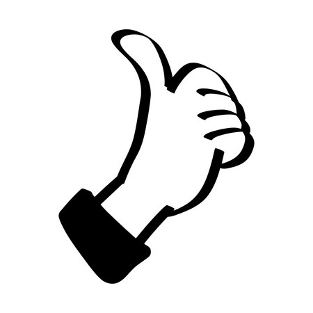 Black and white thumbs up hand gesture icon, simple and bold illustration symbolizing approval, agreement, success, and positive feedback, perfect for stickers, signs, or digital media use.のイラスト素材