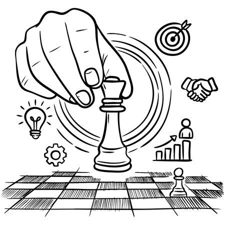 Creative hand drawn illustration showing a hand moving a chess piece symbolizing business strategy, planning, leadership, and decision making.のイラスト素材