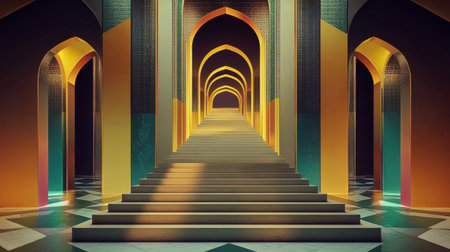 A captivating interior scene featuring vibrant archways leading to a mystical staircase. This artistic composition blends geometric design with rich colors and shadows, creating an enchanting atmosphere.の素材
