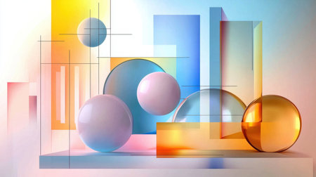 Discover a captivating arrangement of abstract geometric shapes in soft colors. The harmonious blend of spheres and colors creates a modern, artistic visual experience.の素材