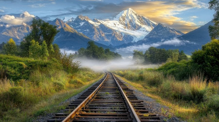 A captivating view of railway tracks leading through a lush landscape, with majestic mountains in the background, shrouded in morning mist and bathed in soft sunlight.の素材
