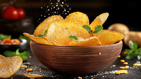 Experience the irresistible crunch of fresh potato chips served in a rustic wooden bowl. Perfect for snacking or entertaining guests, they deliver flavor and texture.の素材