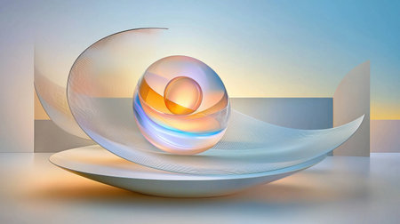 This captivating abstract image features a colorful sphere enveloped by graceful curves, creating a serene and harmonious composition that inspires creativity.の素材
