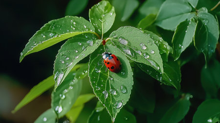 A vivid red ladybug rests on a lush green leaf adorned with glistening water droplets, showcasing the beauty of nature in a tranquil outdoor setting.の素材