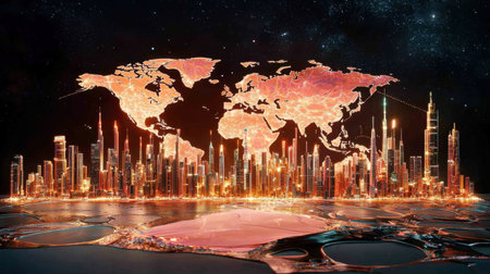 A stunning futuristic cityscape featuring a glowing world map and skyline. The vibrant lights and modern architecture create a captivating urban scene.の素材
