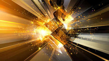 This vibrant abstract background features dynamic rays of golden light with sparkling effects, creating a captivating visual ideal for modern design projects and digital art.の素材