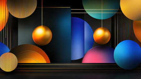 This abstract image showcases a vibrant array of geometric shapes and colorful orbs, creating a modern and stylish background suitable for various creative projects.の素材