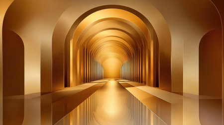 Explore a stunning labyrinth of golden arches in a minimalist space. This elegant corridor features smooth surfaces and warm reflections, perfect for innovative designs.の素材