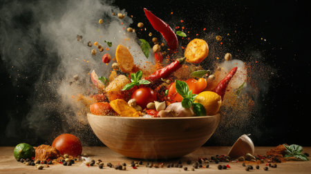 Experience a dynamic presentation of fresh ingredients and spices bursting from a wooden bowl, showcasing the art of cooking and vibrant flavors in motion.の素材