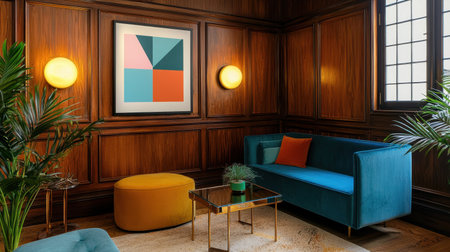 This modern living room features stylish furniture including a plush sofa and round ottoman, complemented by vibrant colors and decorative art, creating an inviting atmosphere.の素材