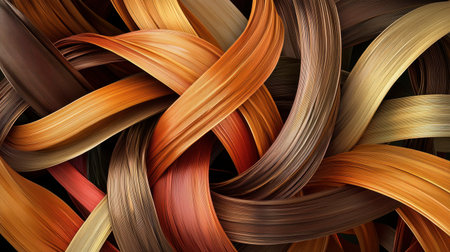 A vibrant abstract image showcasing twisted strands of hair, intertwining in an elegant arrangement. This design features rich colors and smooth textures, ideal for artistic themes.の素材