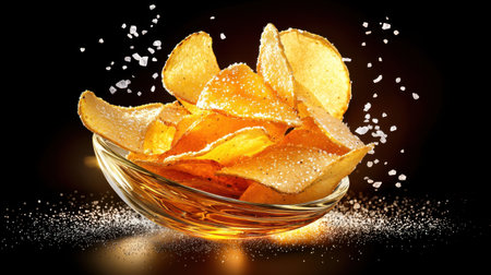 A beautiful display of golden potato chips sprinkled with sea salt, set against a dramatic black background. Ideal for snack, food, and culinary themes.の素材