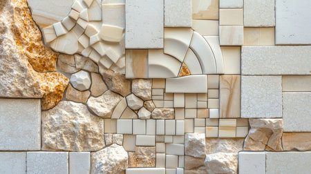 This image showcases an abstract wall art piece featuring a mosaic of stones and tiles in neutral tones, perfect for interior dの素材
