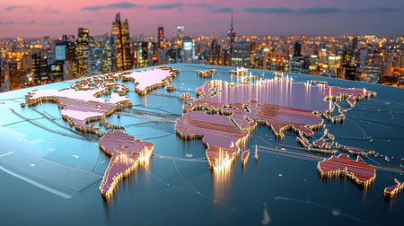 Stunning aerial view of a modern world map placed on a glowing surface, against a backdrop of a vibrant city skyline illuminated at dusk, showcasing urban life.の素材