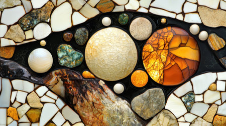 This captivating mosaic features a blend of colorful stones and glass, artfully arranged in circular patterns. Ideal for decorative and artistic projects.の素材