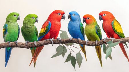A stunning array of vibrant parrots perched on a branch, showcasing their bright feathers against a neutral background. Perfect for nature lovers.の素材