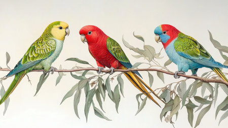 This stunning illustration features vibrant parrots perched on a leafy branch, showcasing their colorful feathers against a soft background. Perfect for nature lovers.の素材
