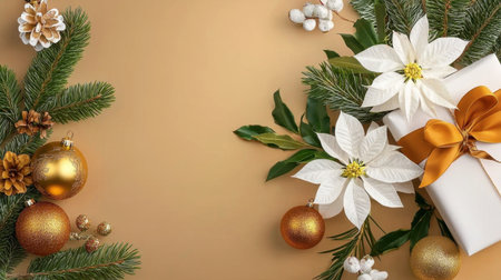 Beautiful holiday arrangement featuring a wrapped gift, gold ornaments, and white poinsettia flowers against a warm brown background, perfect for seasonal celebrations.の素材