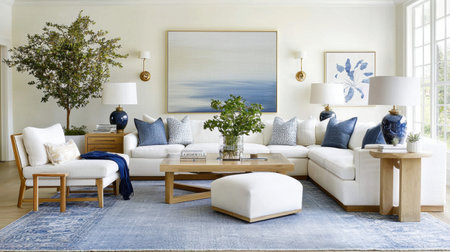 This modern coastal living room showcases a harmonious blend of blue and white decor. Featuring elegant furnishings and artistic elements, it creates a cozy and inviting atmosphere.の素材