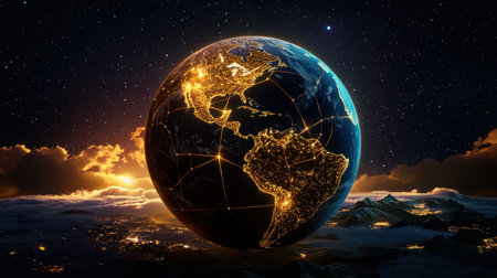 Stunning image of a glowing Earth featuring illuminated network connections against a starry night sky, blending technology and natural beauty for a captivating visual.の素材