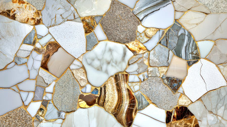 Beautiful mosaic showcasing a variety of natural stone pieces in elegant colors and textures. Perfect for backgrounds in interior design or architectural projects.の素材