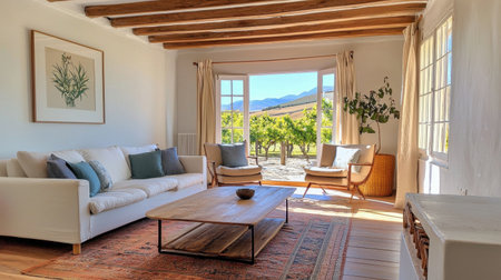 Bright and airy living room featuring a cozy sofa, stylish armchairs, and a wooden table, with stunning views of nature and mountains creating a peaceful atmosphere.の素材