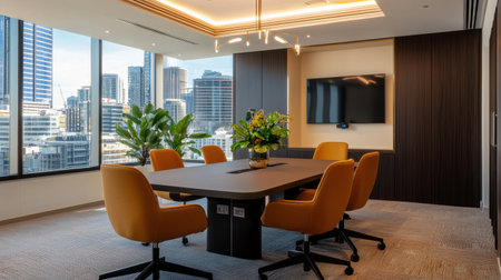 A bright and modern conference room featuring stylish orange chairs, a large table, and a breathtaking city skyline view, ideal for team meetings and brainstorming sessions.の素材