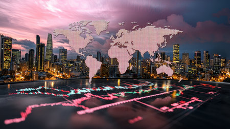 Stunning city skyline at dusk featuring a digital world map, highlighting financial data and market trends, portraying global investment and analytics.の素材