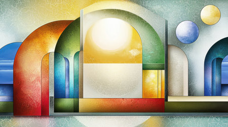 Vibrant abstract artwork featuring geometric shapes and sunlight. Soft colors blend harmoniously to create a unique, modern composition ideal for various design projects.の素材