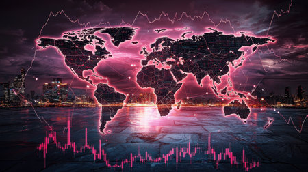 A stunning digital illustration of a world map overlayed with financial graphs and data, showcasing the intersection of technology and global finance in a modern cityscape.の素材