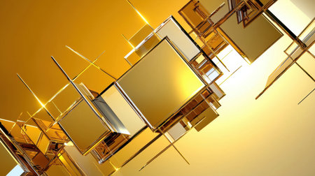 This image features a stunning arrangement of golden geometric shapes floating against a bright background, creating a modern and dynamic visual experience.の素材