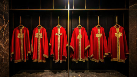 A striking display of elegant red robes hanging in a sophisticated interior. These finely crafted garments showcase rich colors and exquisite details, creating a visual feast.の素材