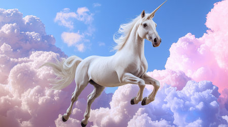 A stunning image of a unicorn gracefully leaping through vibrant and fluffy clouds, set against a blue sky. This artwork captures the essence of fantasy and magic.の素材