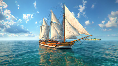 A stunning sailing ship with white sails glides over a calm blue ocean. The vibrant scene captures the essence of adventure and tranquility.の素材