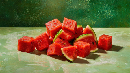 A stunning display of freshly cut watermelon cubes arranged artistically on a textured green background, perfect for summer-themed culinary projects.の素材