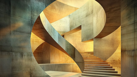 Unique abstract staircase design in a modern setting showcasing intricate curves and warm lighting. Ideal for architecture and design inspiration.の素材