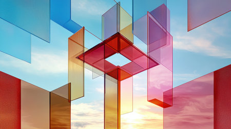 An artistic depiction of overlapping glass shapes reflecting vibrant colors against a serene sky, creating a captivating visual experience, perfect for modern design projects.の素材
