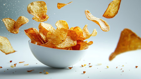 A vibrant scene of crispy potato chips flying out of a white bowl, captured with dynamic movement and golden color, perfect for snack-related visuals.の素材