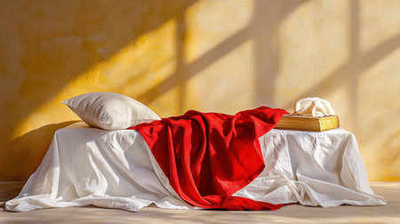 A cozy bedroom setup featuring a white bed adorned with a red blanket and soft pillows. Natural light casts calming shadows, enhancing the inviting atmosphere.の素材