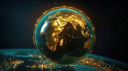 A stunning representation of a glowing Earth globe featuring illuminated cities against a cosmic backdrop, showcasing modern connectivity and exploration themes.の素材